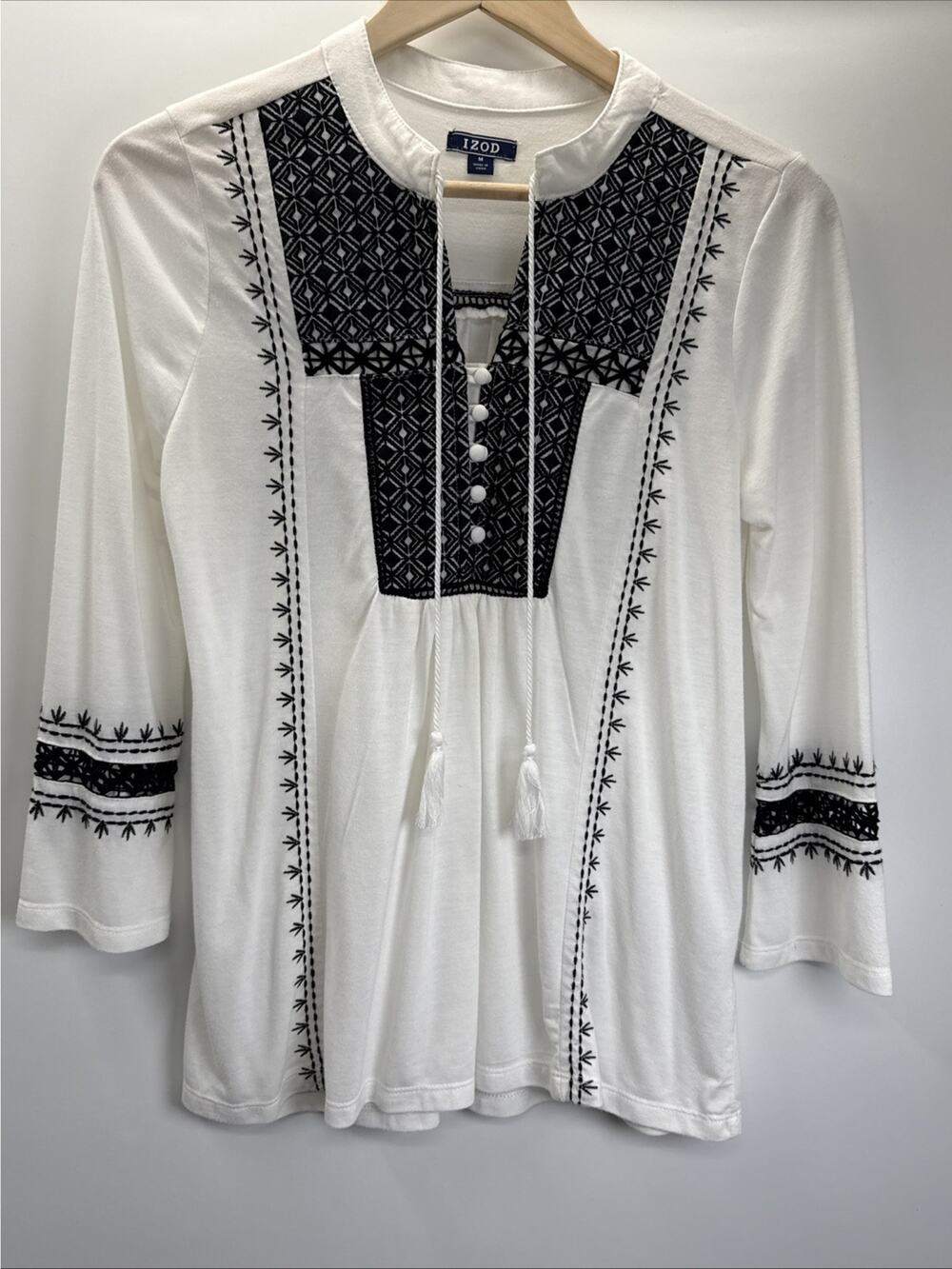 Izod Womens White Black Embroidered Peasant Blouse Tassel Tie Top Medium
